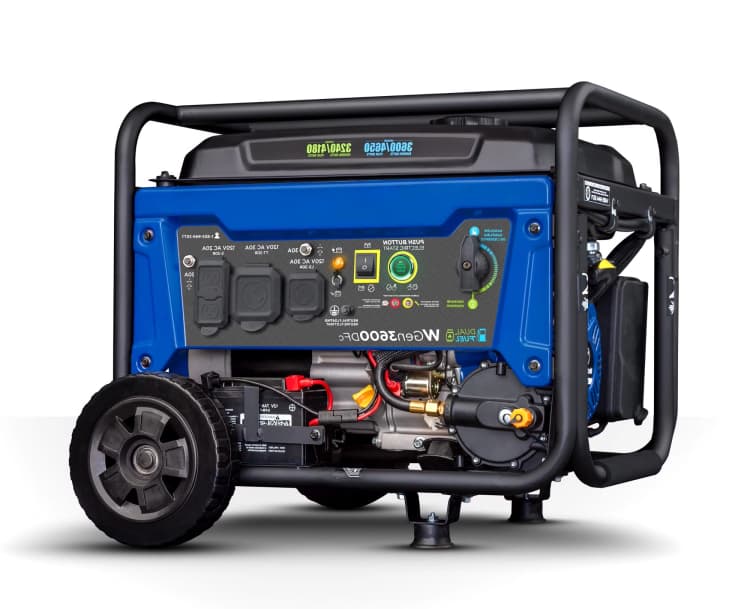 Front view of the 4000W dual-fuel portable generator with wheel kit and protective frame on white.