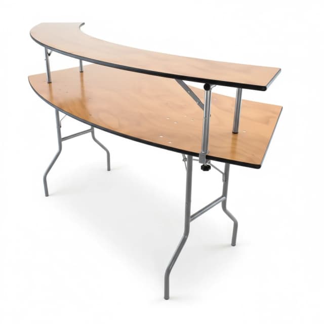 Front hero view of the 7-foot natural wood serpentine bar table showing double-tier design with four legs visible.