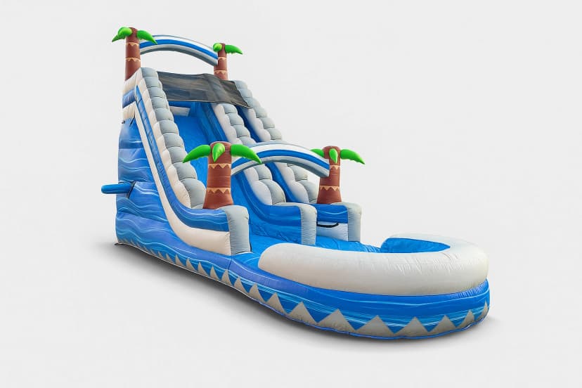Front three-quarter view of the Blue Paradise Palm Water Slide with curved lane and splash pool on white.