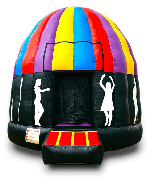Front view of the Incredible Dance Party Dome Jumper with LED lights and music system setup visible.