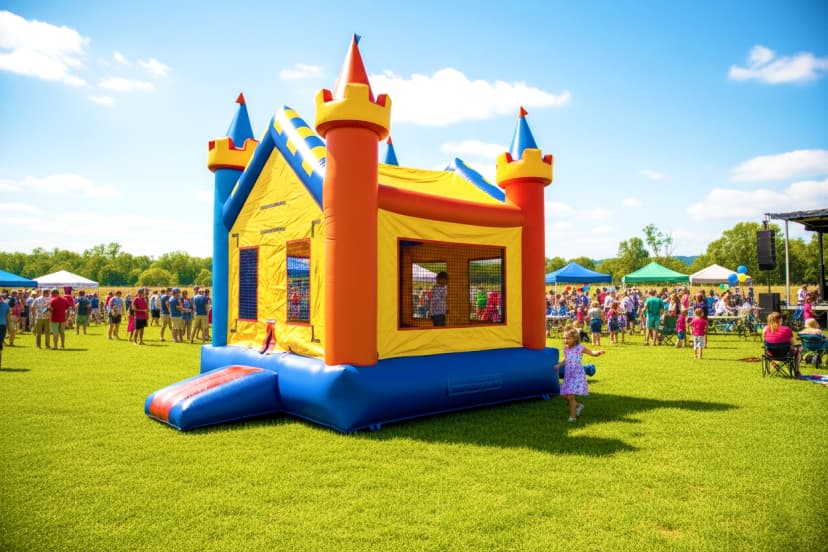 Side view of the Jumpland Castle bounce house showing turrets and safety mesh panels in outdoor lighting.
