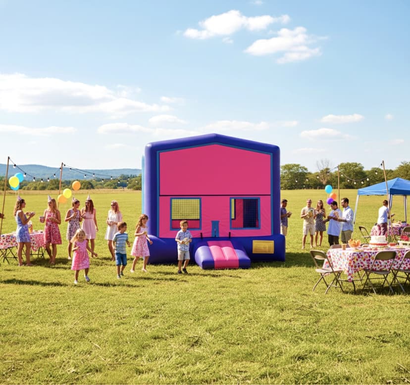 Outdoor front-angle view of the Pink Wonder bounce house showing the entry ramp, mesh windows, and balloon decor.