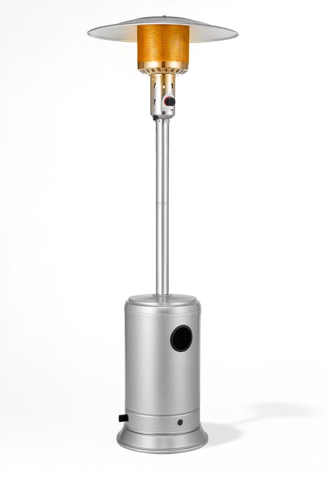 Front view of the stainless steel propane patio heater with circular reflector and subtle studio shadow on white background.