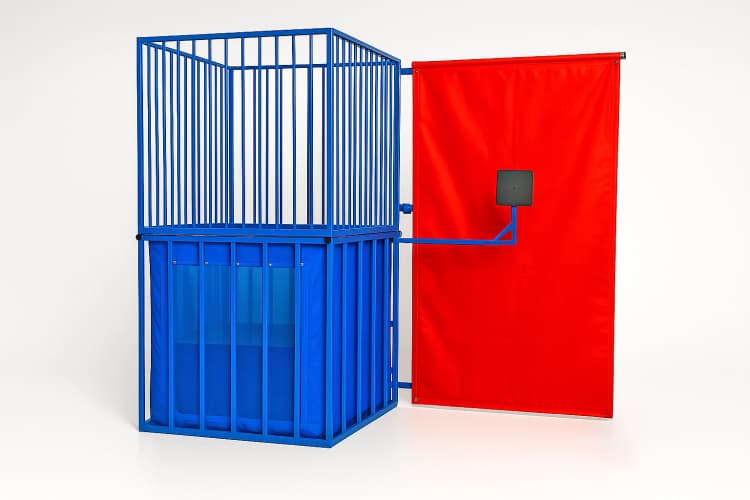 Front hero view of the Standard Blue Dunk Tank showing the bright red target and steel frame.