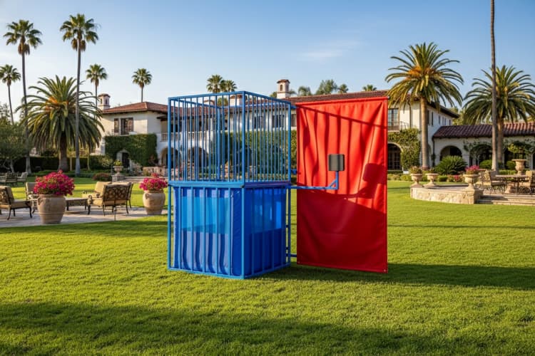 Upscale estate lawn view of the Standard Blue Dunk Tank surrounded by palms and courtyard seating.