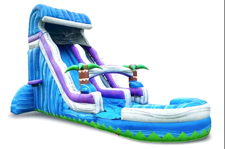 Front three-quarter view of the Tropical Surge 22-Foot water slide with wave arch and splash pool on a clean background.